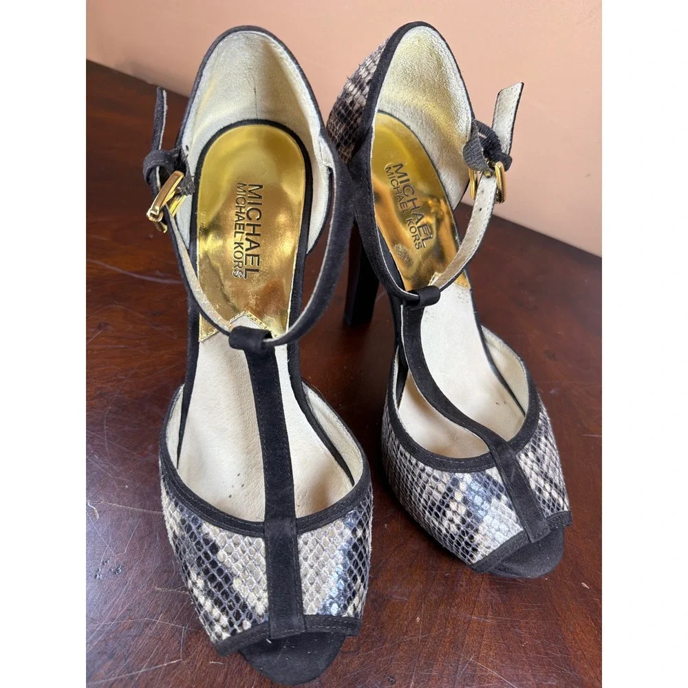 Michael Kors Snakeskin Embossed T-Strap Platform Peep Toe Heels Black Suede Trim